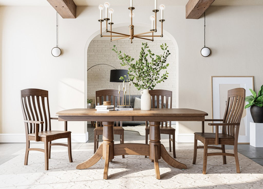baytown double pedestal table with curry chairs, brown maple wood with almond stain