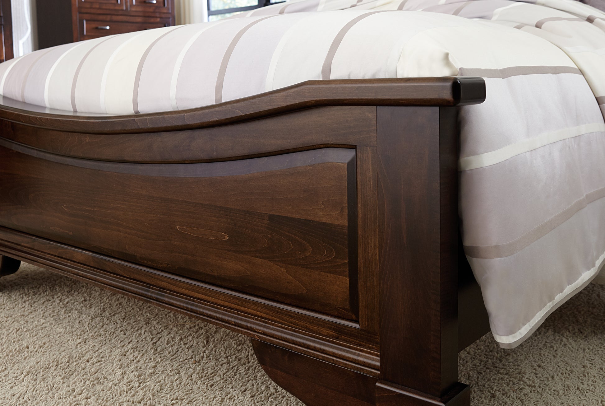 footboard of francine bed shown in brown maple with rich tobacco stain