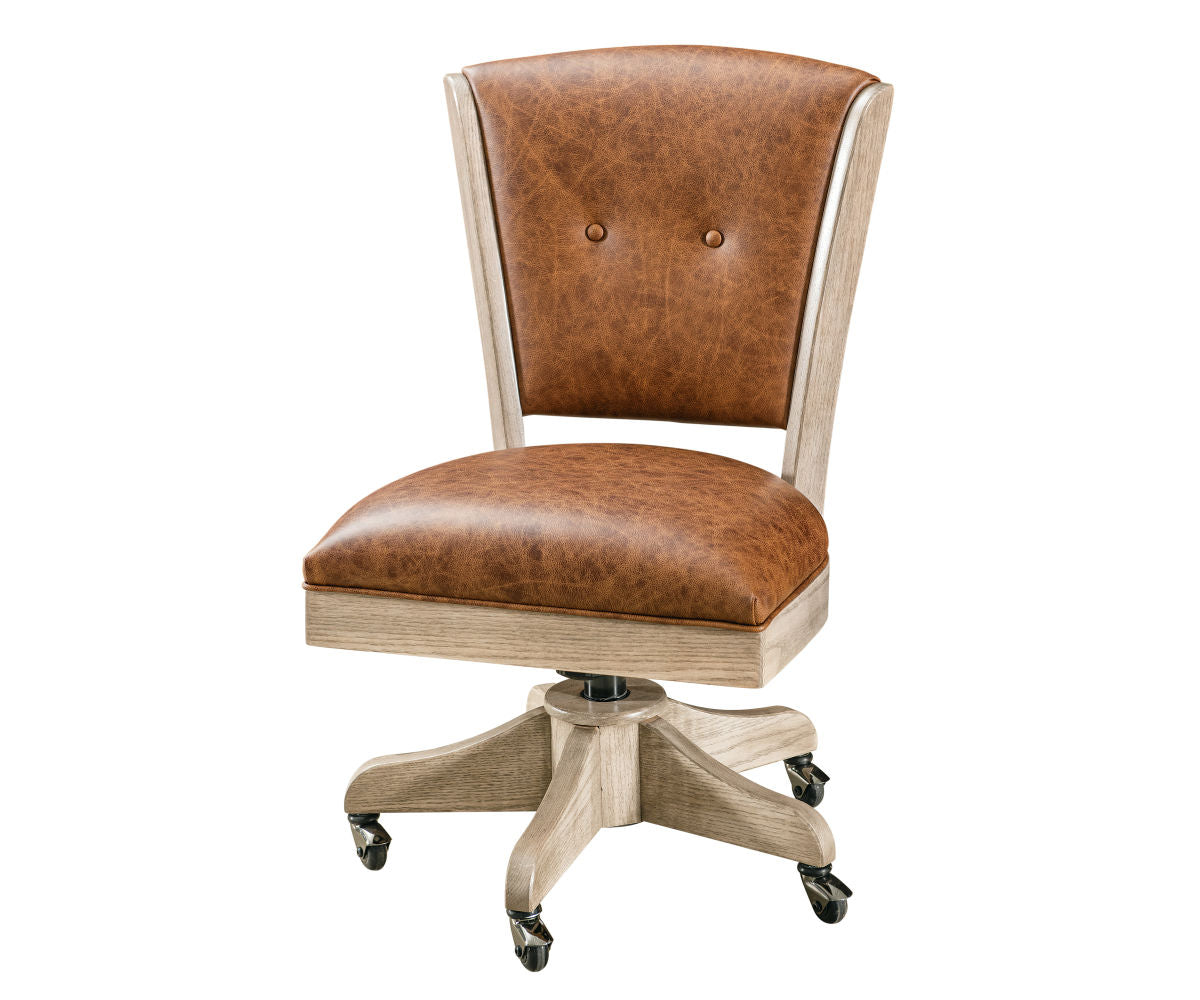 lansfield side desk chair shown in red oak wood with mineral stain and Whiskey genuine leather
