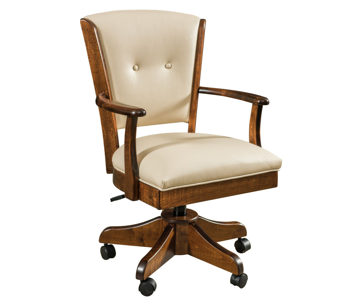 lansfield arm office chair in brown maple wood, golden brown stain and bone genuine leather
