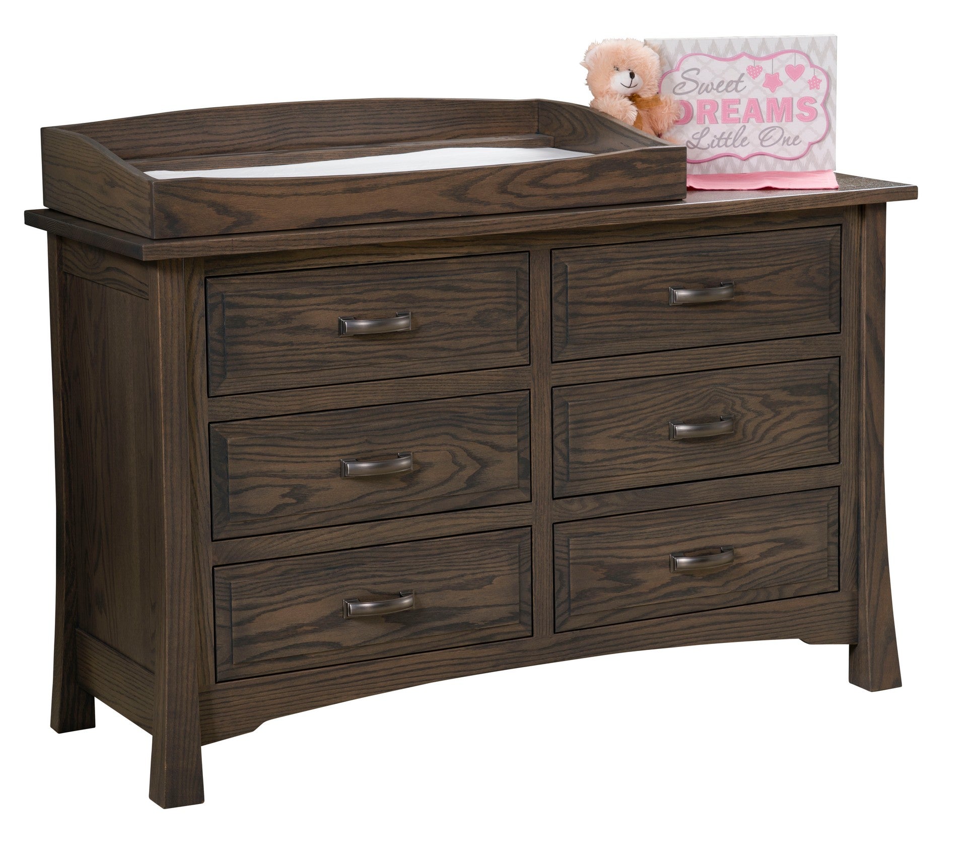 addison six drawer dresser in oak wood with dark knight stain and changing box