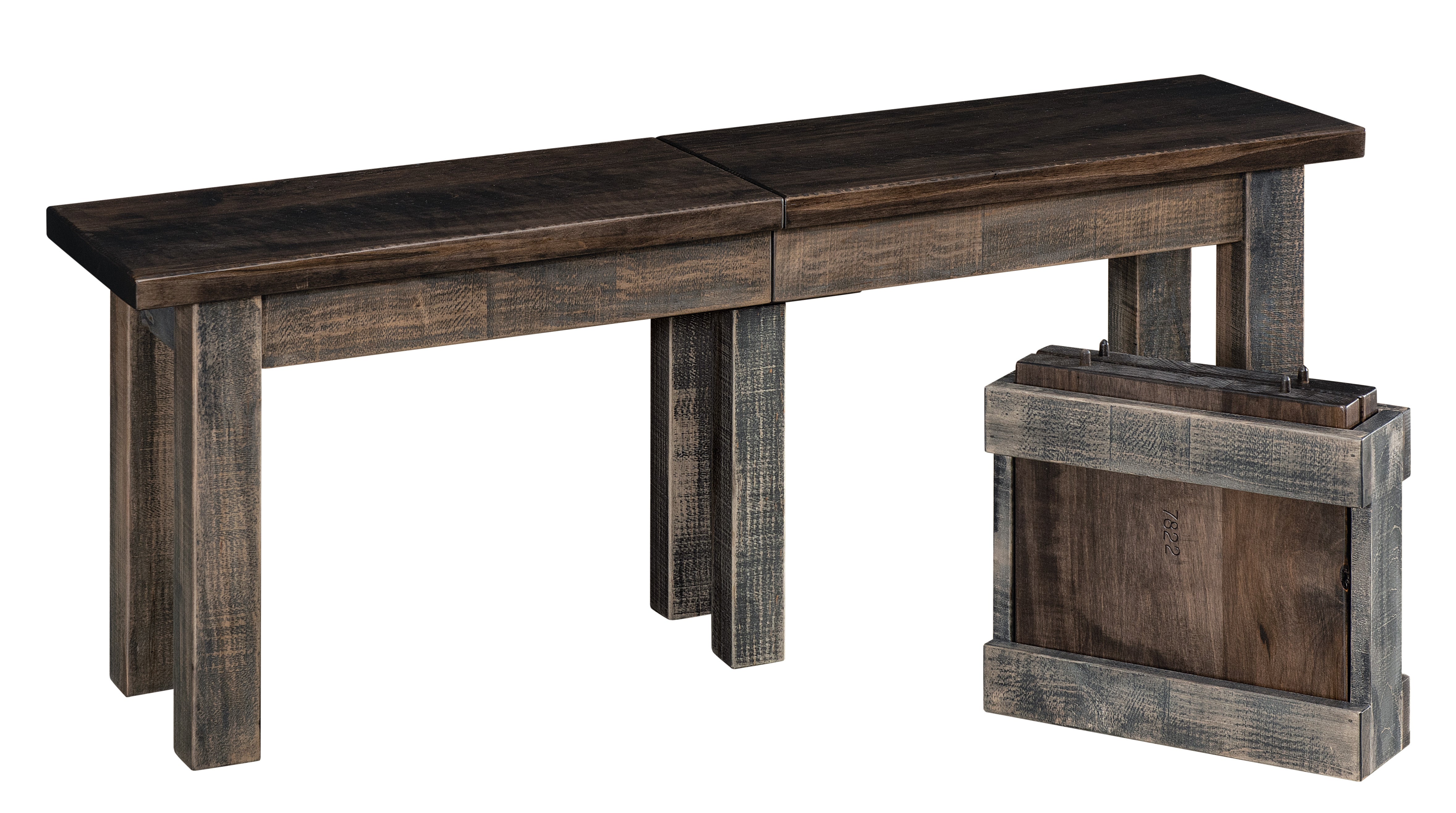 cheyenne extend a bench shown in rough sawn wormy maple with a shadow 10 sheen top and bel air 10 sheen base