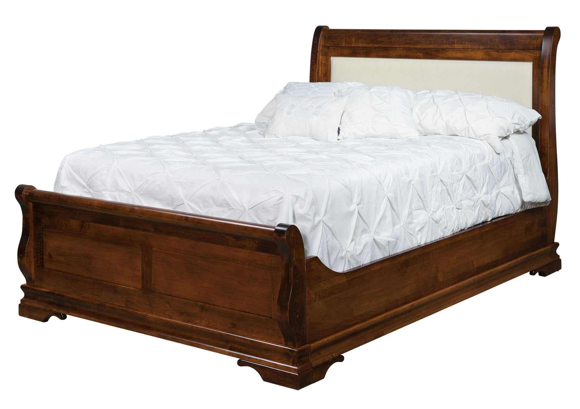 chippewa sleigh bed with antarctic fabric shown in brown maple with golden brown stain