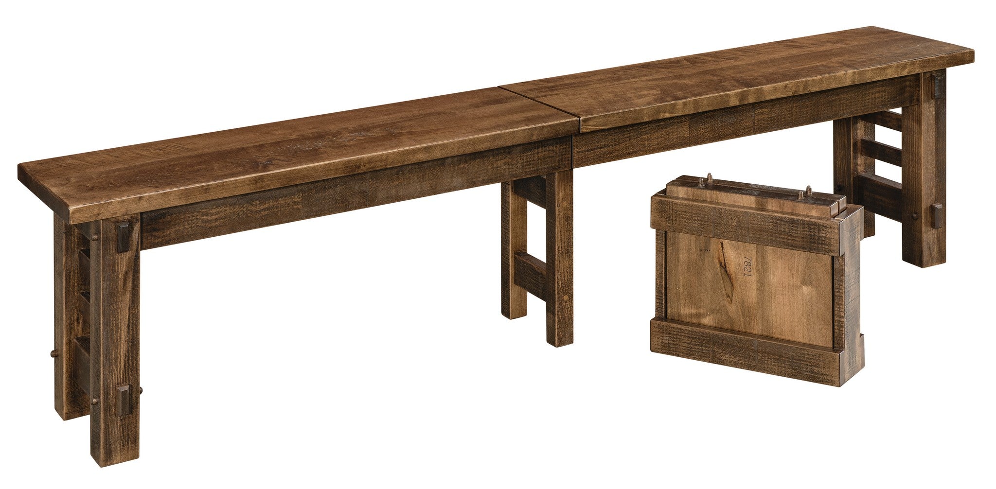 The columbus bench in rough sawn wormy maple with an almond 10 sheen finish