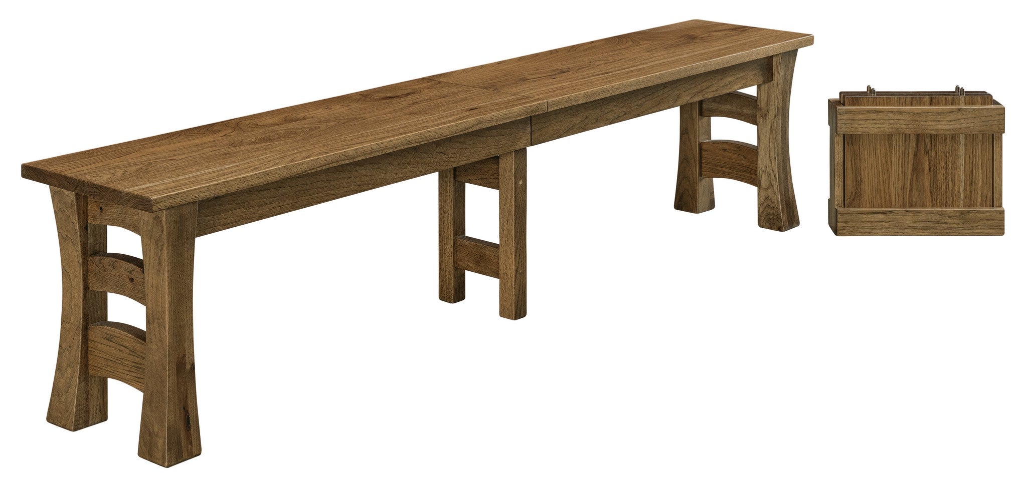 the nashville bench shown in rustic hickory with an almond stain