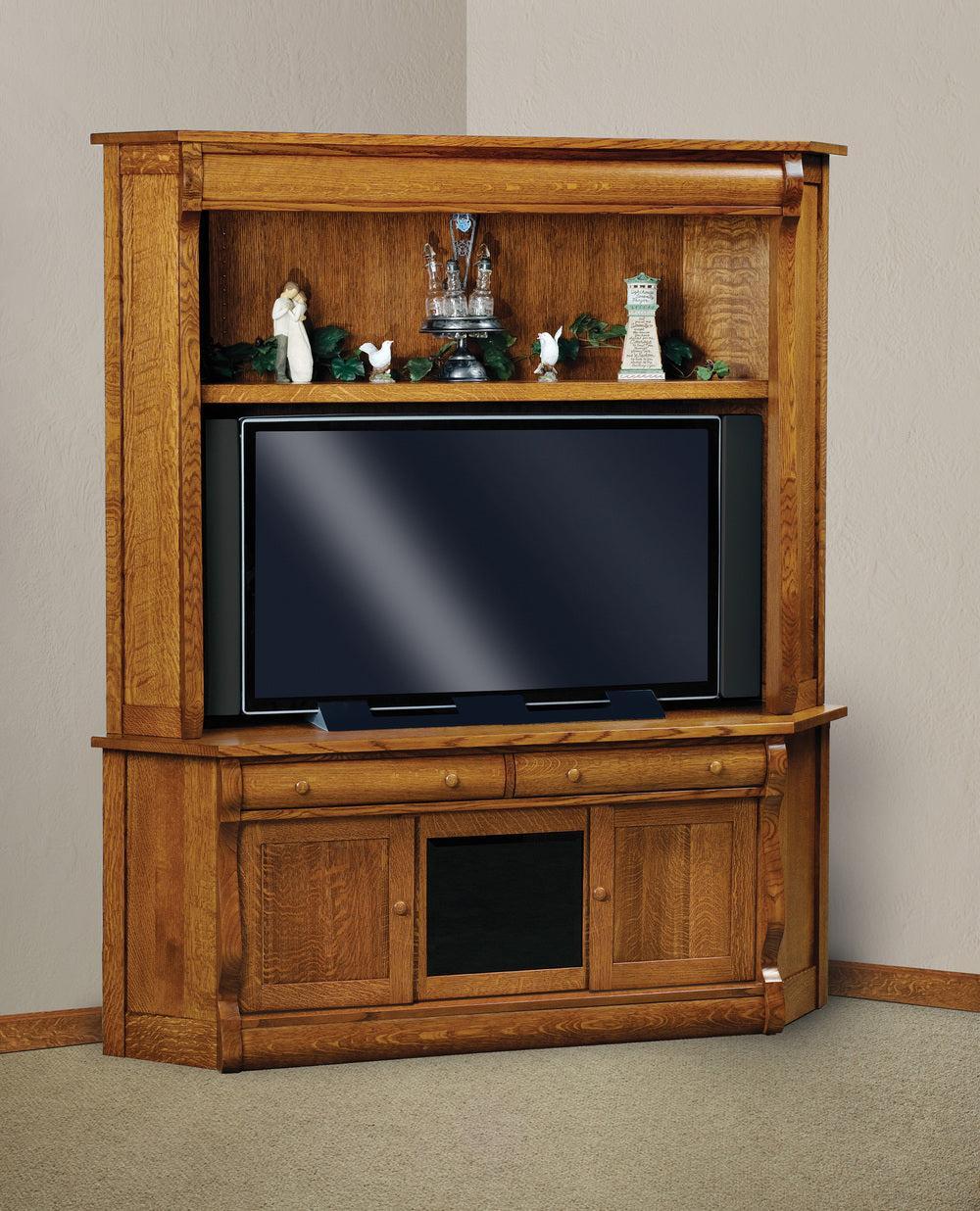 Amish Old Classic Sleigh Three Doors and Two Drawers Media Console with Corner Hutch