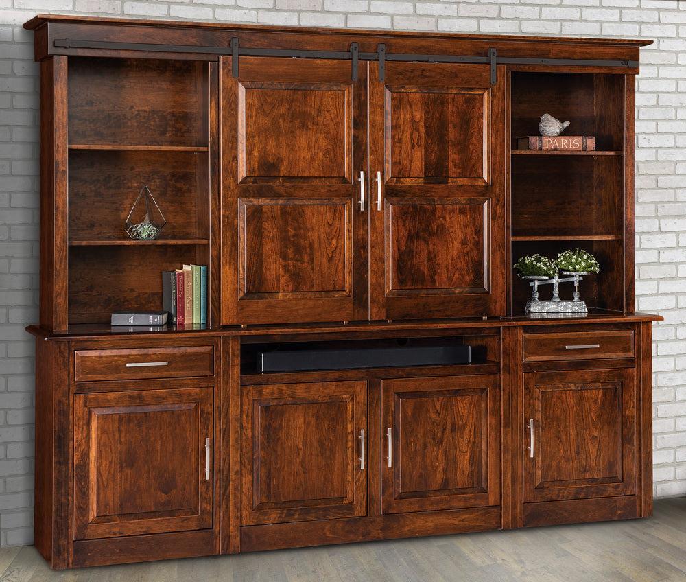 Amish Ensenada 6 Piece Entertainment Center Wall Unit with Six Doors and Two Drawers Open Bookcases on Top