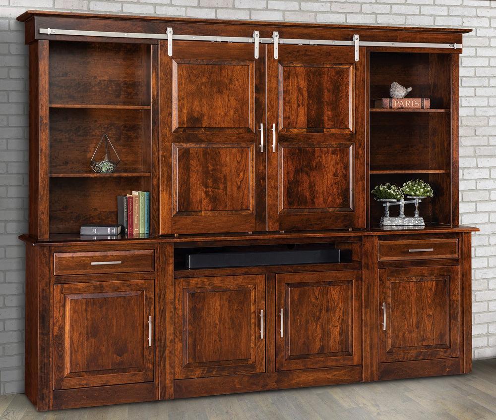 Amish Ensenada 6 Piece Entertainment Center Wall Unit with Six Doors and Two Drawers Open Bookcases on Top