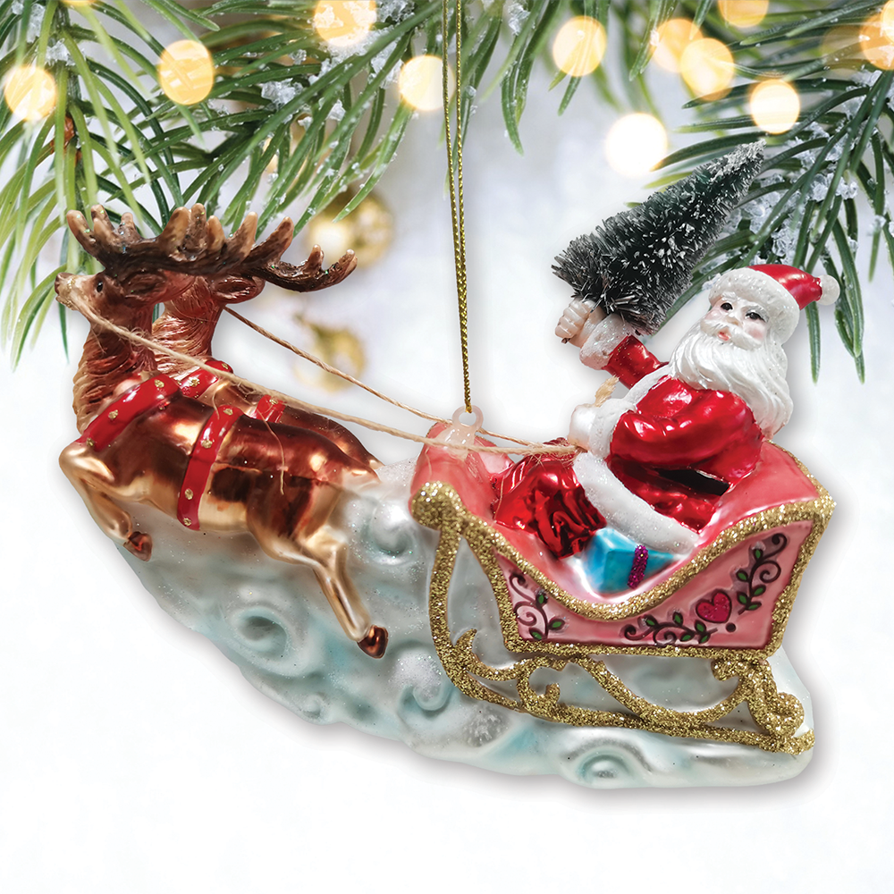 Santa Sleigh and Reindeer Ornament