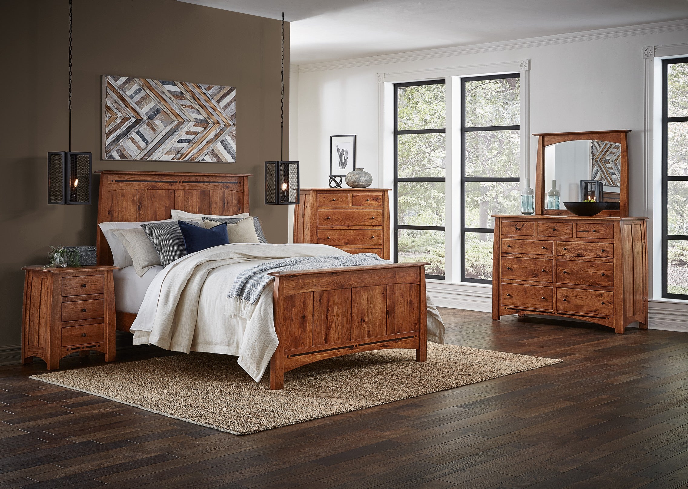 boulder creek collection room setting in rustic hickory with golden pecan stain