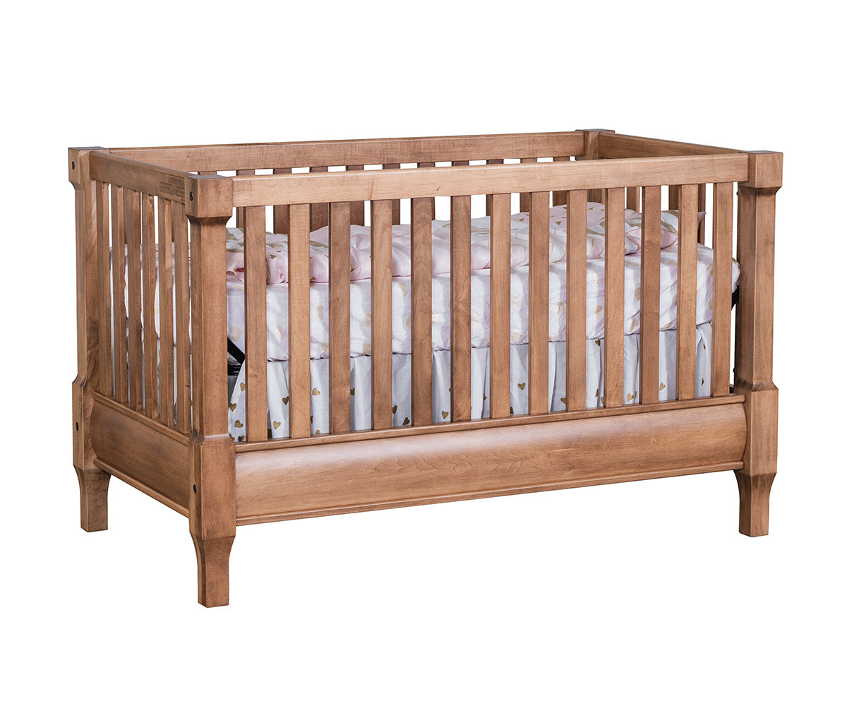 amish tahoe baby crib in brown maple with stain harvest