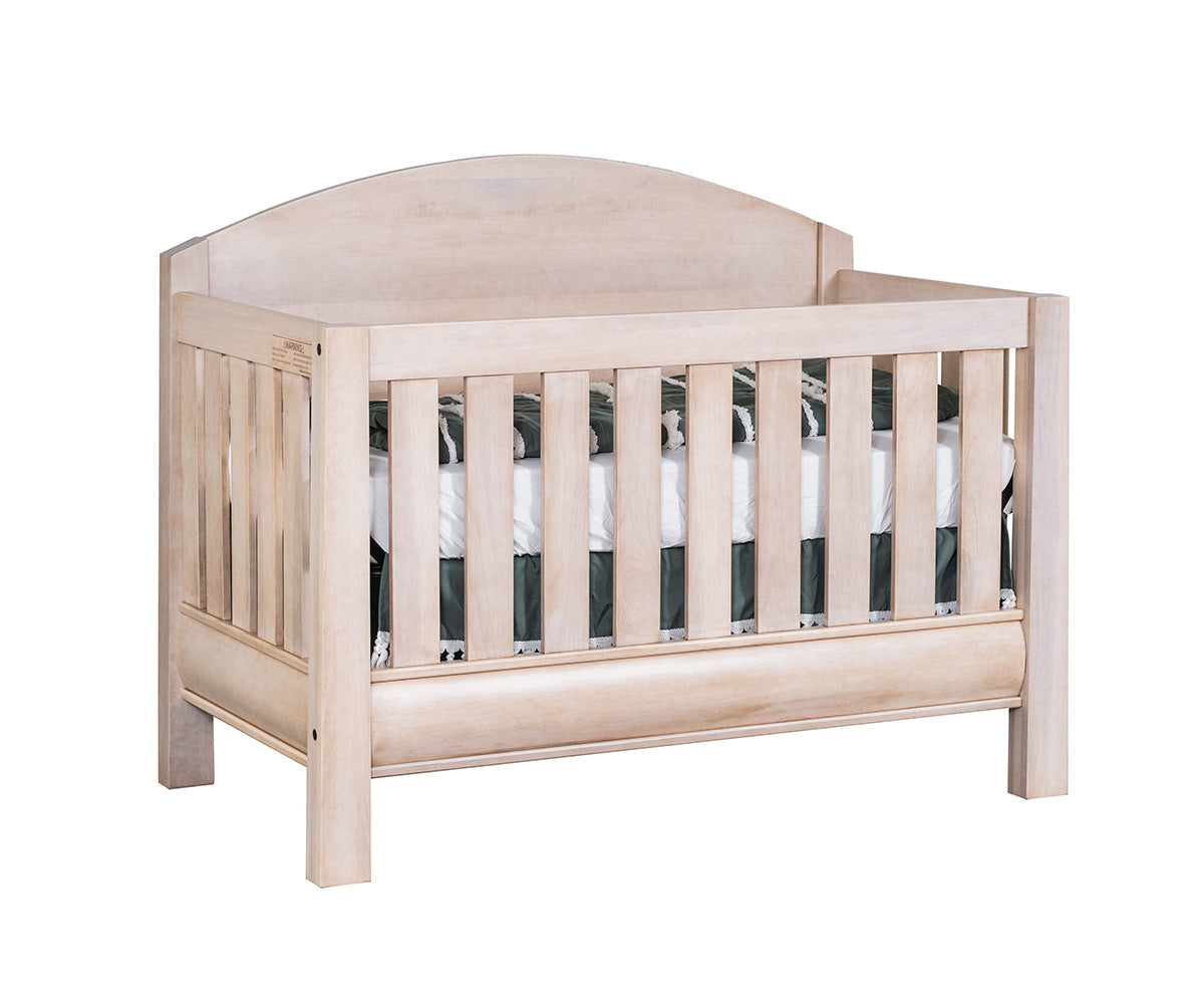 amish cheyenne baby crib in brown maple with stain oatmilk