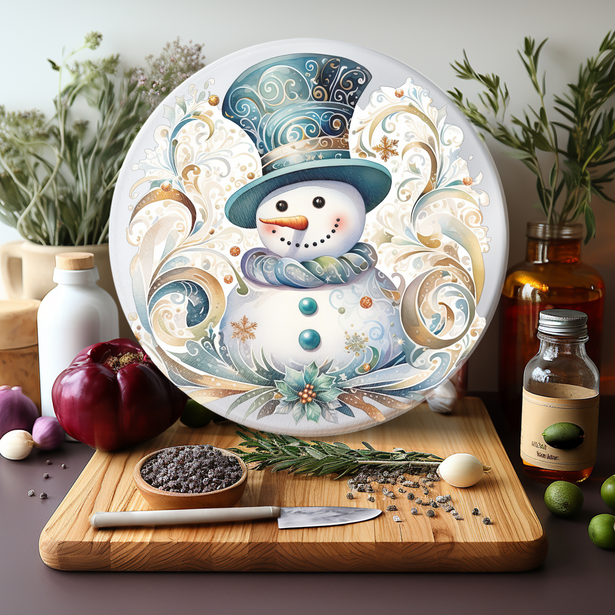 Snowman Charcuterie Tray, Glass Cutting Board