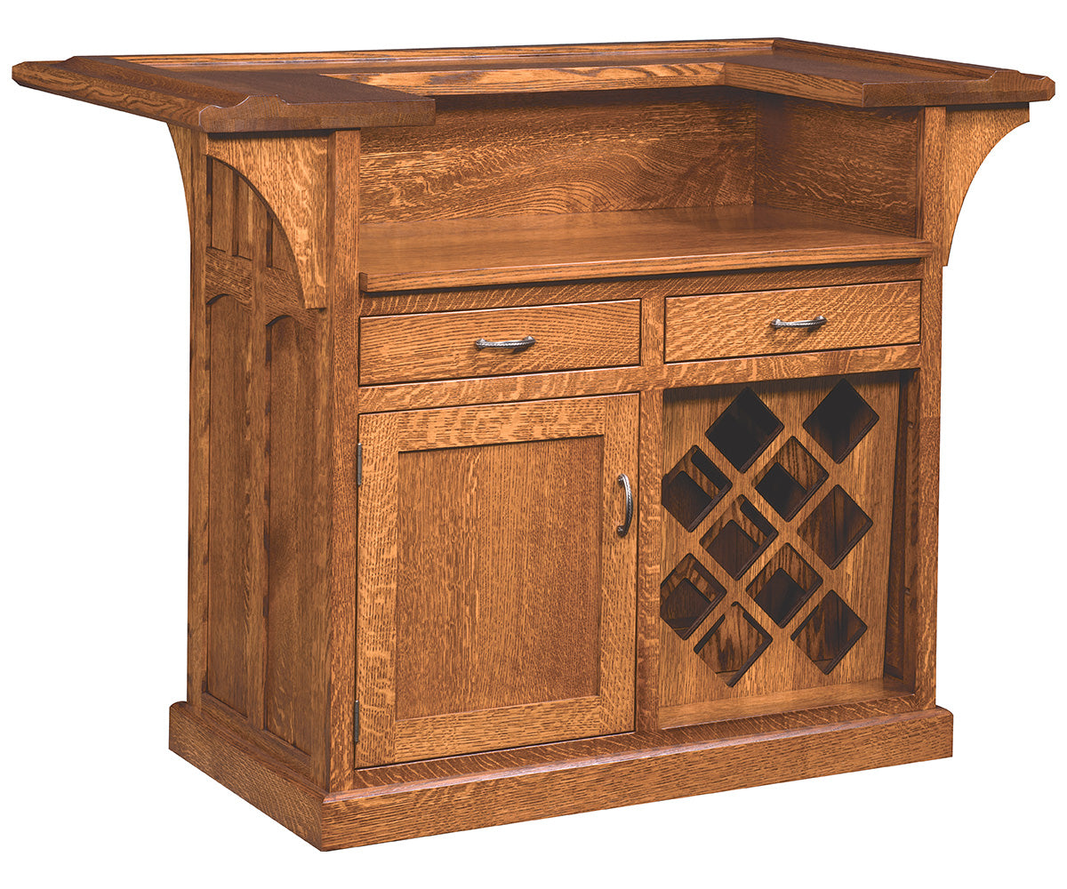 amish home bar shown in oak