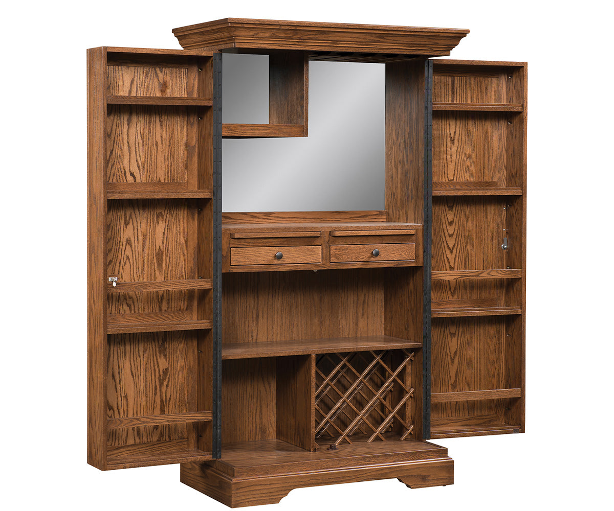 amish wall bar shown in oak