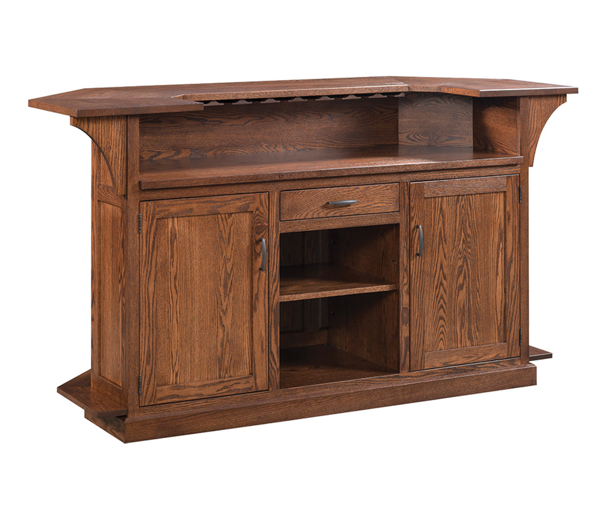 amish home bar shown in oak