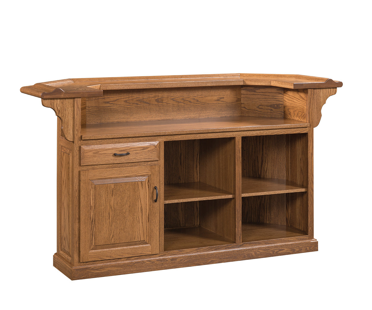 amish home bar shown in oak