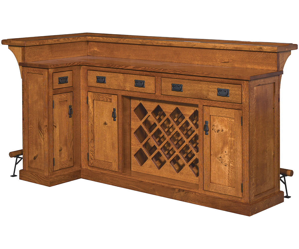 amish home bar shown in oak