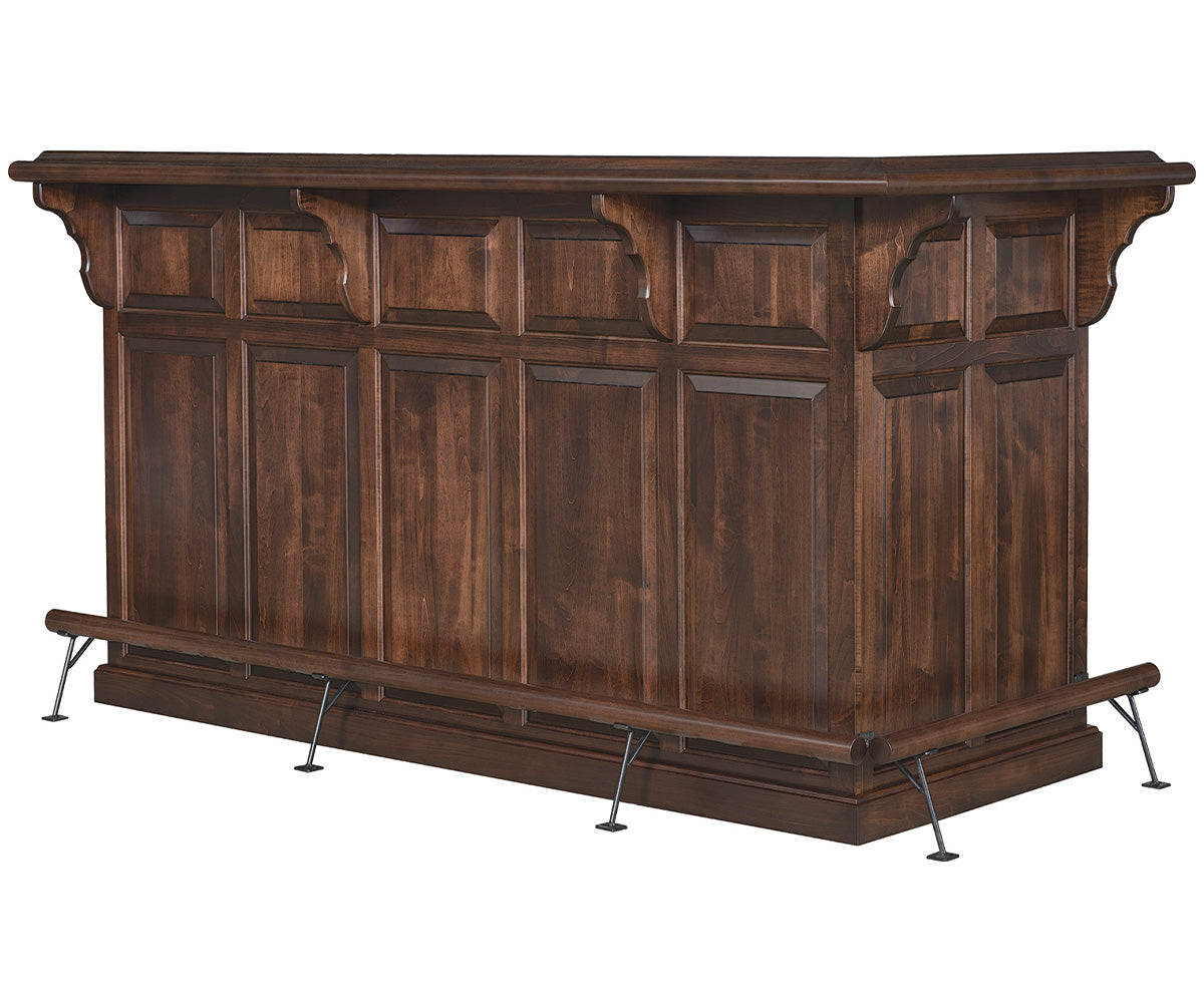 amish home bar shown in brown maple