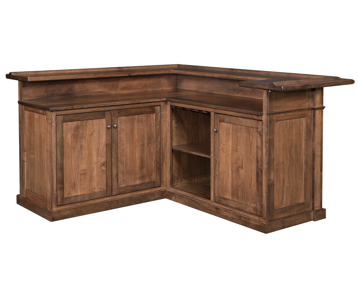 amish home bar shown in oak