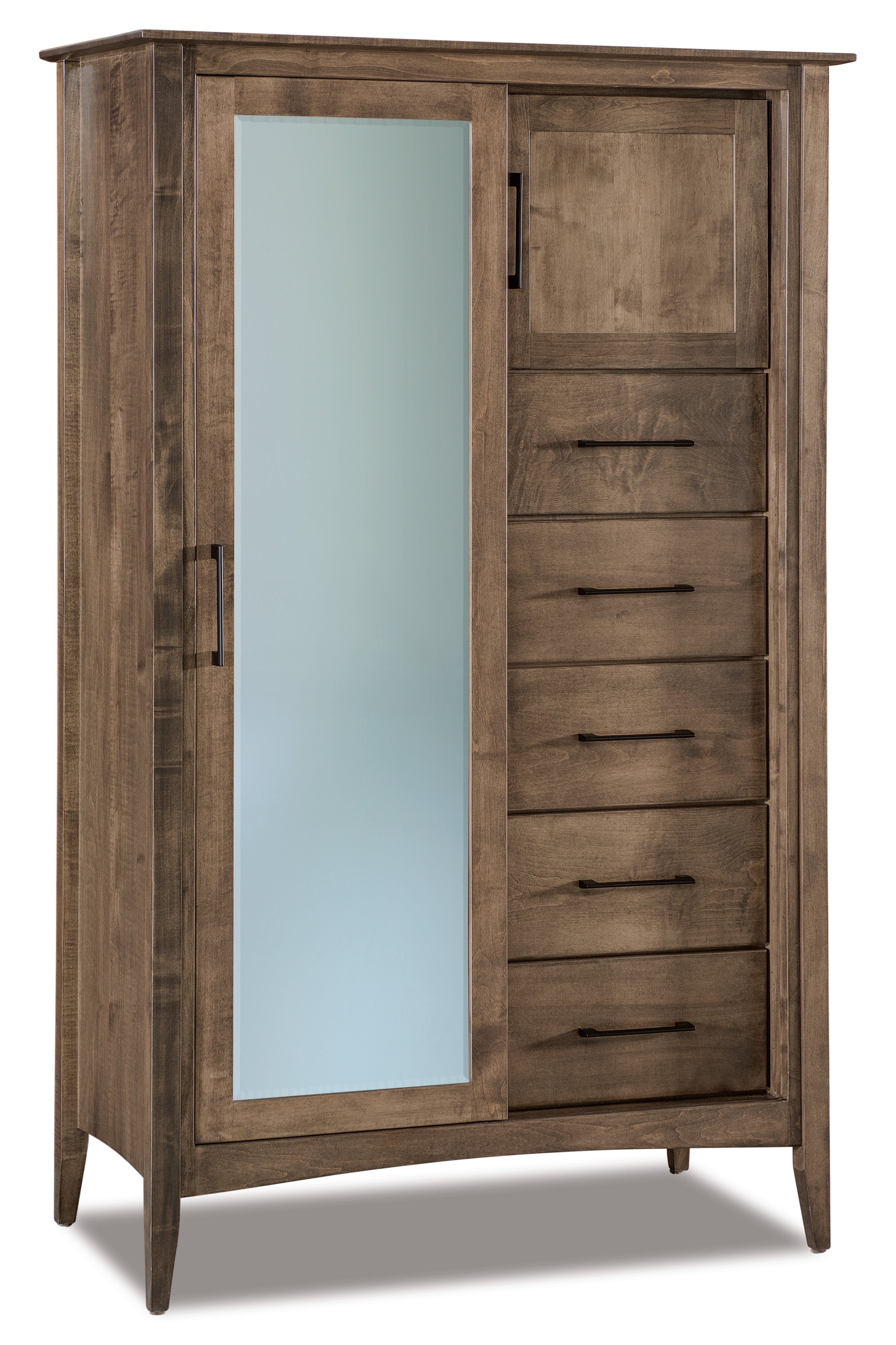 american made amish atlantic full length mirror five drawer one door armoire shown in brown maple with sandstone stain