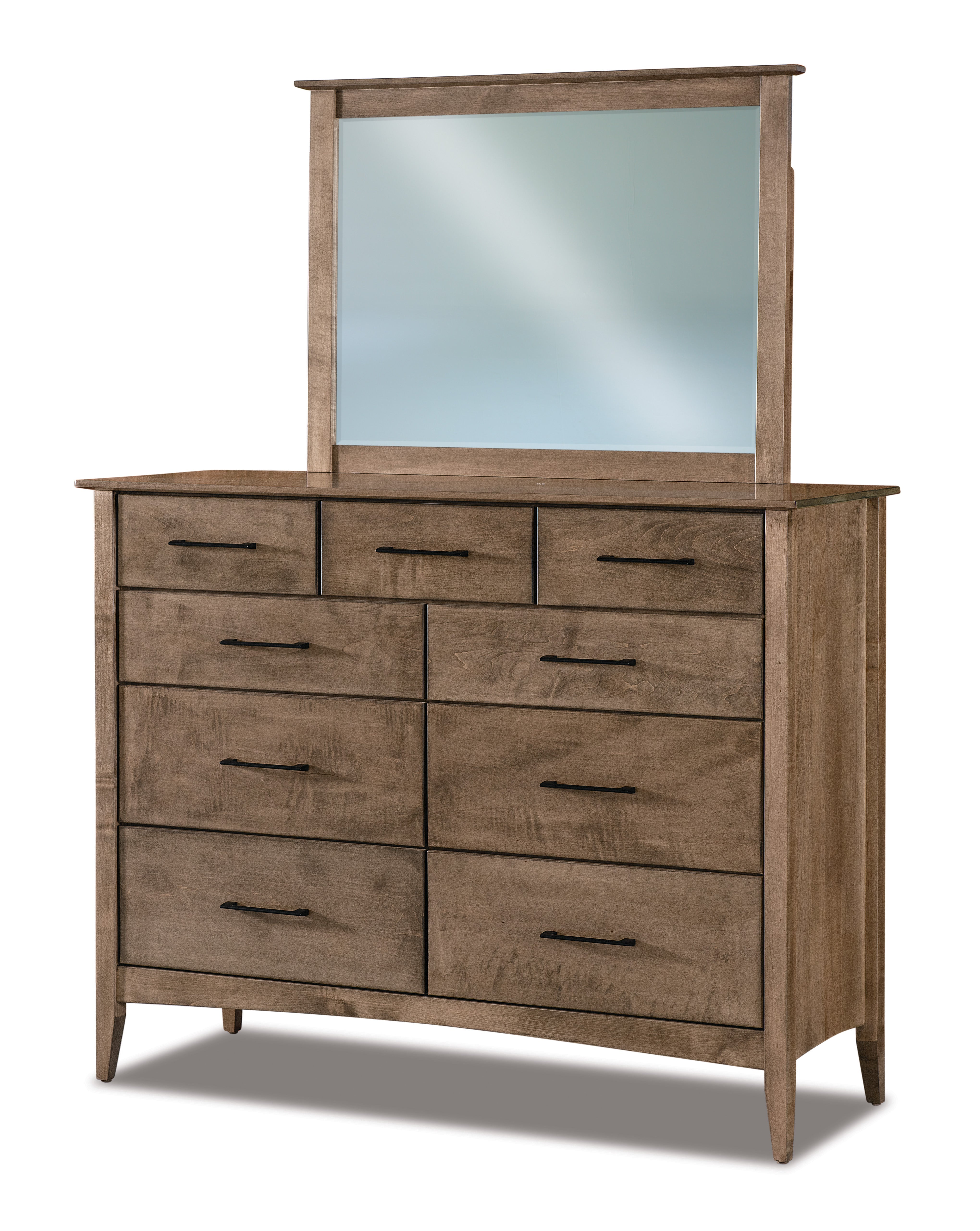 american made amish atlantic nine drawer dresser with mirror shown in brown maple in sandstone stain