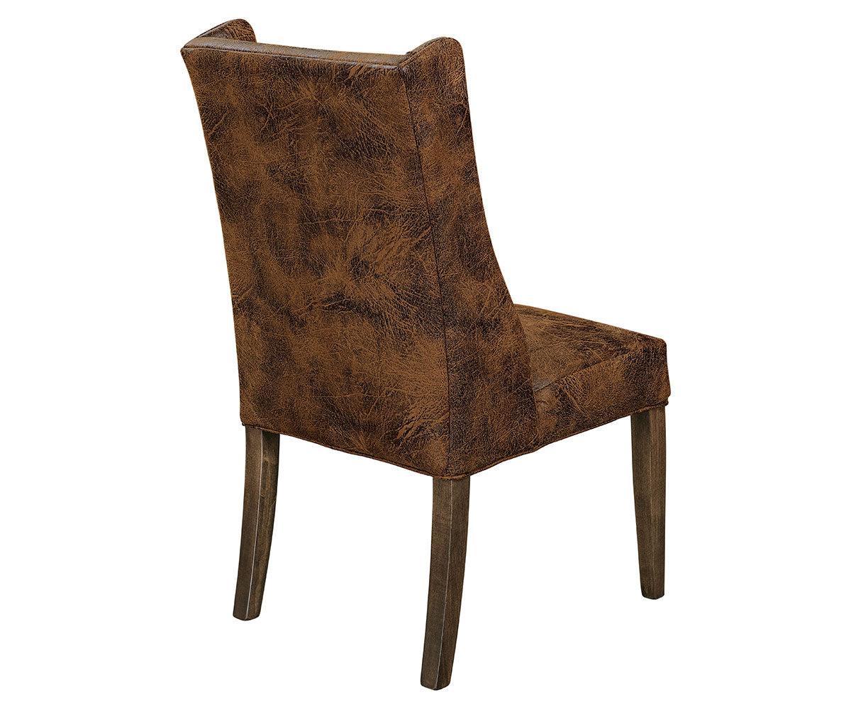 benton side chair in brown maple with charwood stain and mocha fabric back view 