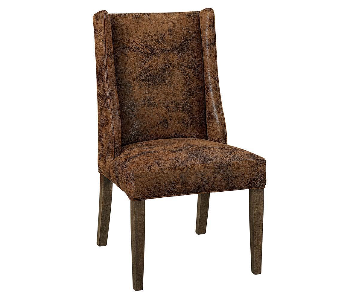 benton side chair in brown maple with charwood stain and mocha fabric