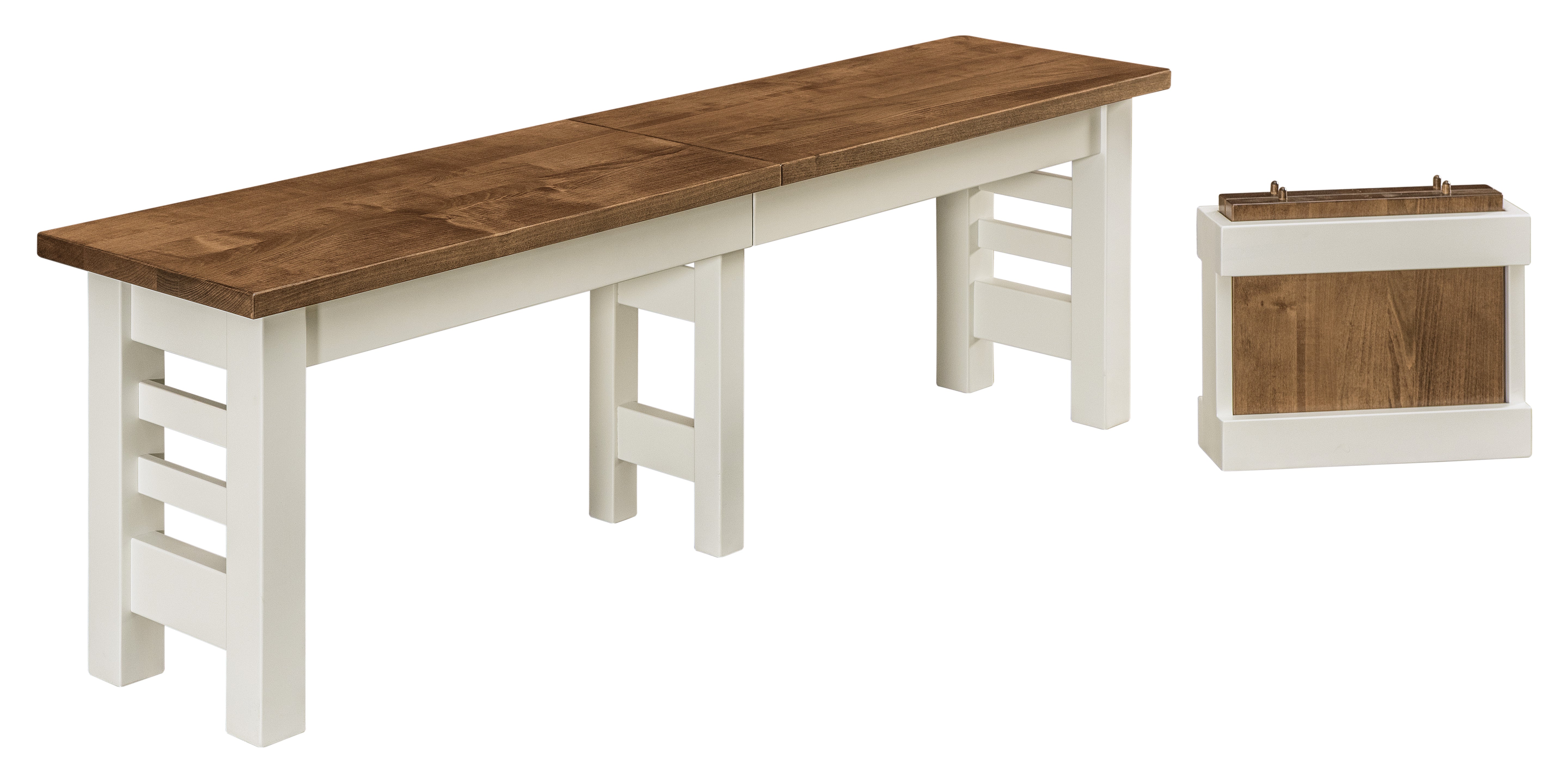 braden bench shown in brown maple with an almond stain top and a muted white 10 sheen base