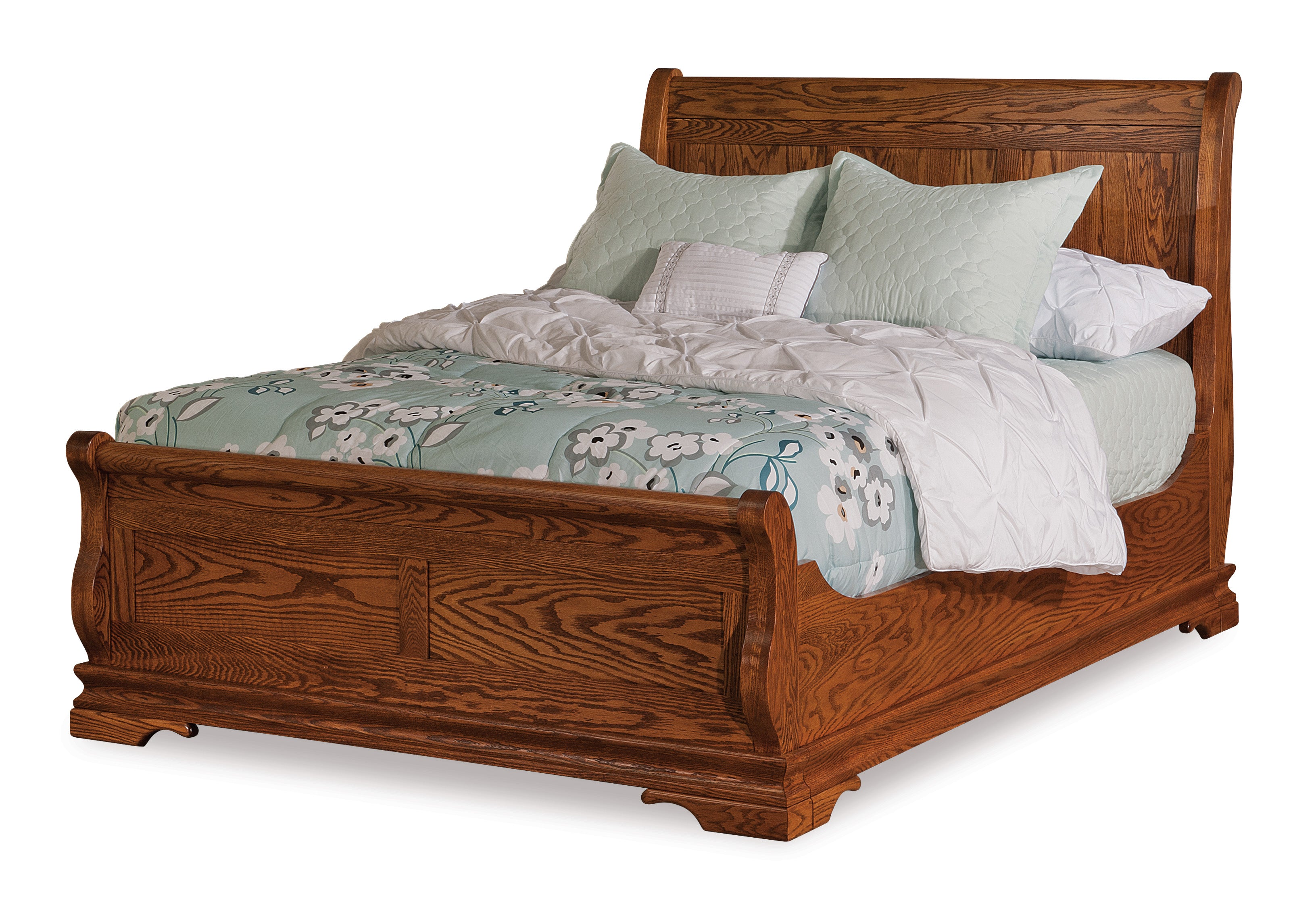chippewa sleigh bed shown in oak with a vintage antique stain