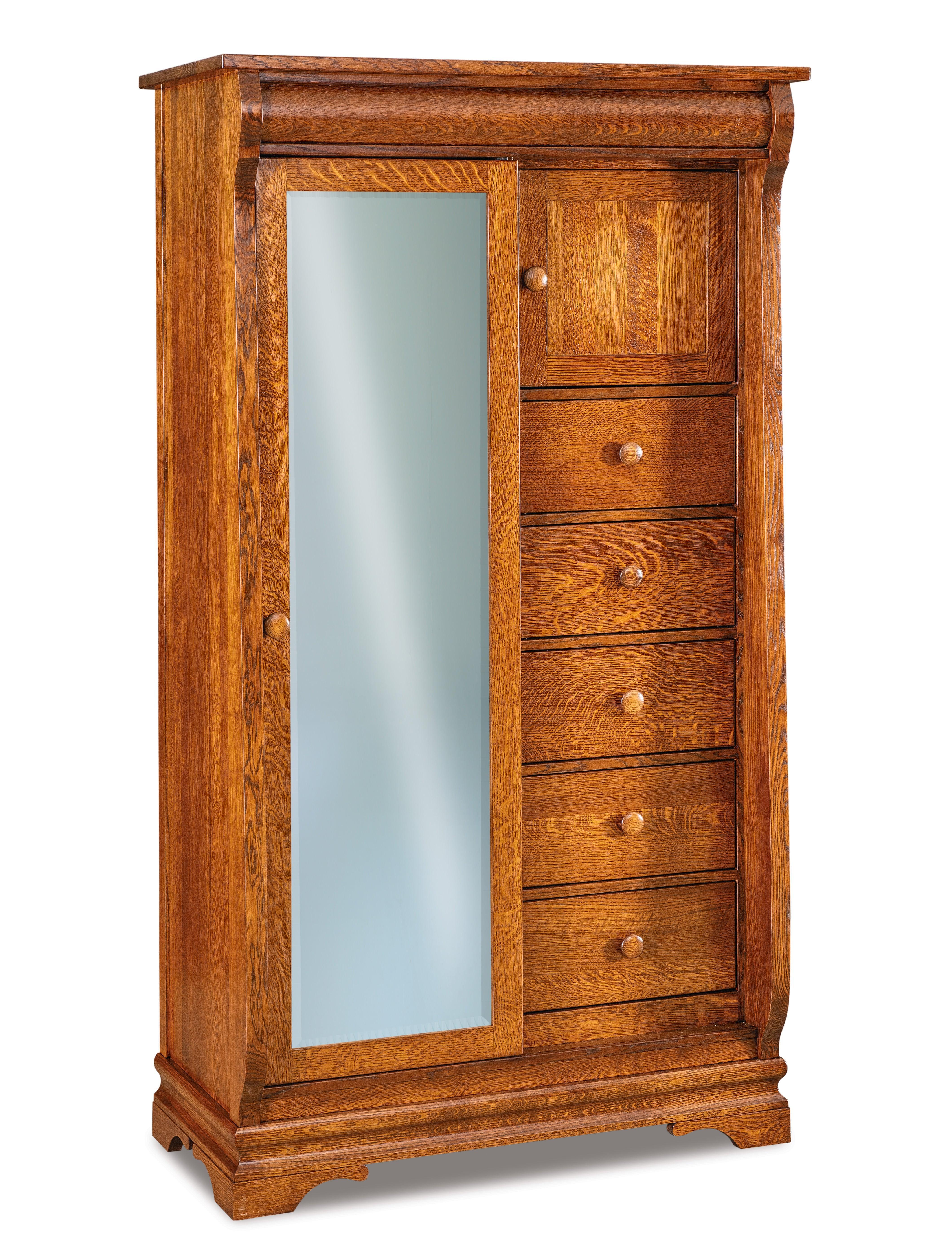 amish chippewa sleigh five drawer one door witih sliding mirror armoire