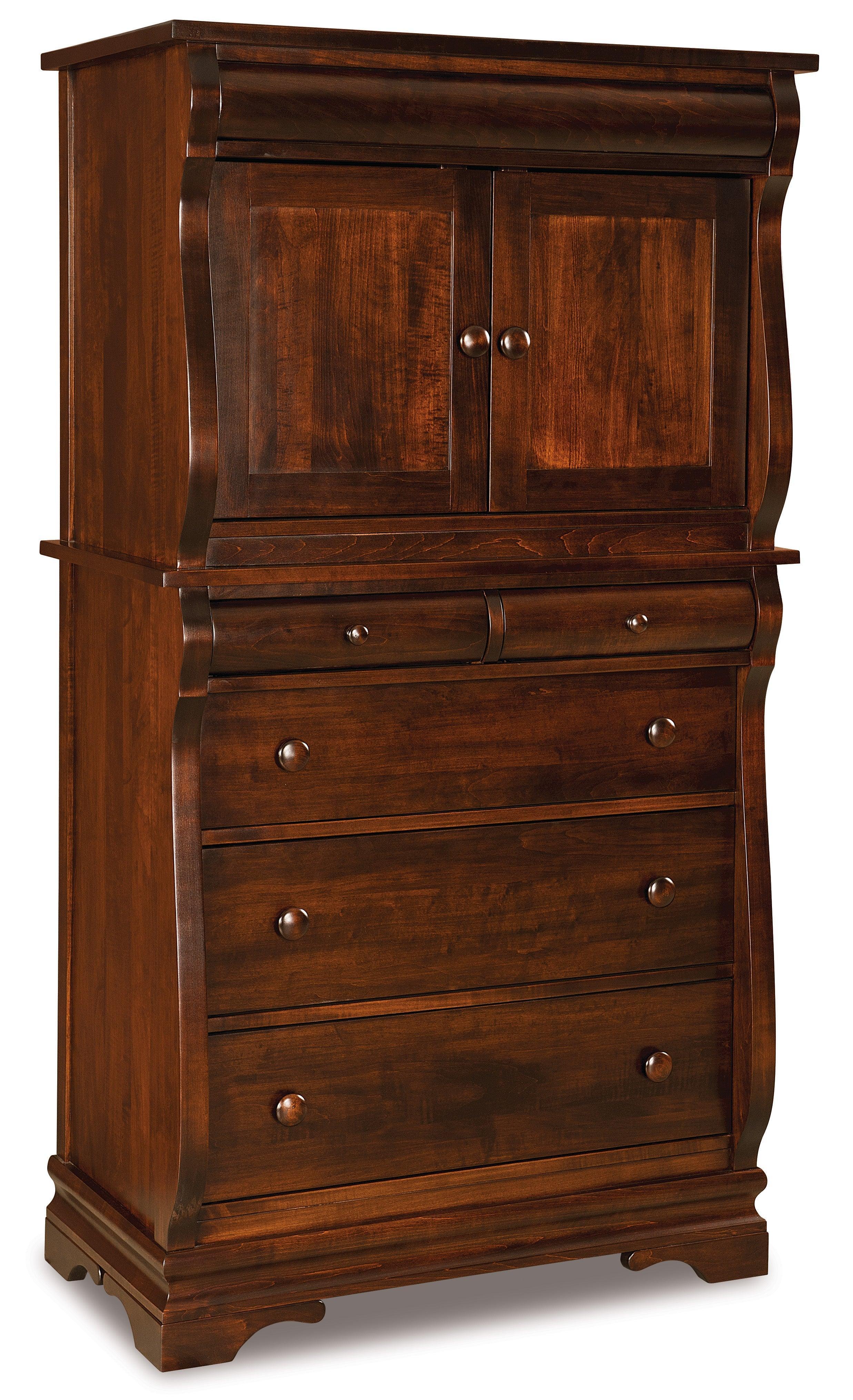 amish chippewa sleigh five drawer two door armoire
