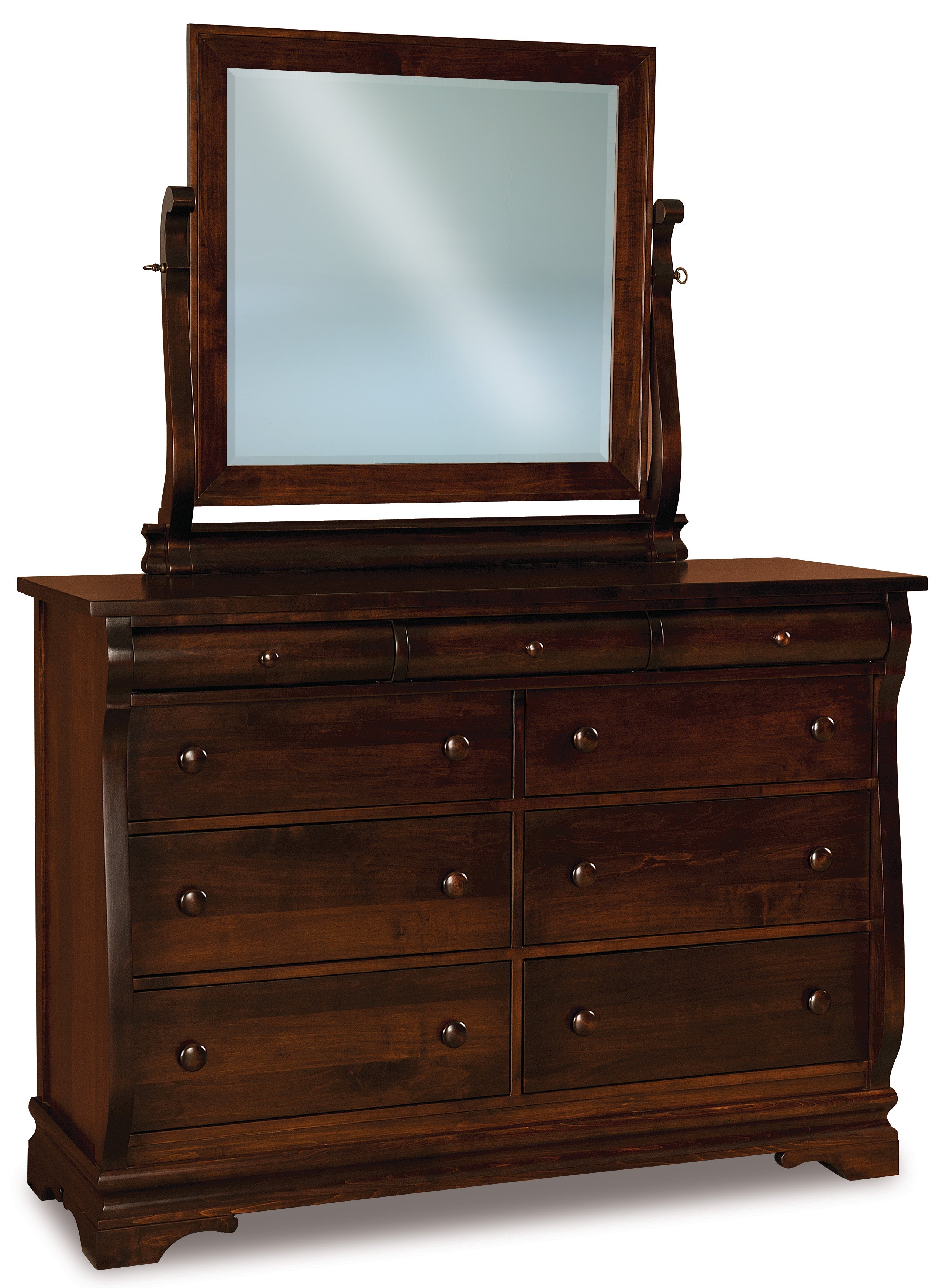 amish chippewa sleigh nine drawer chest with mirror