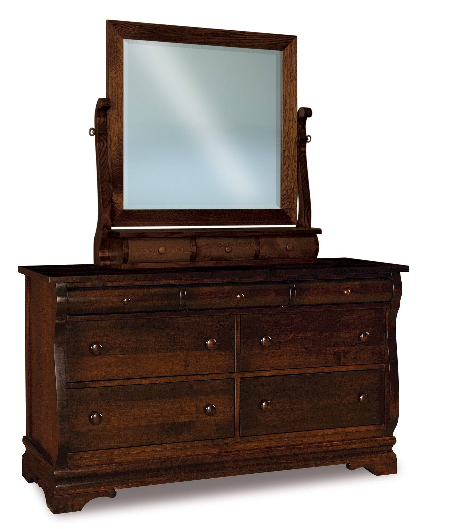 amish chippewa sleigh seven drawer chest with mirror