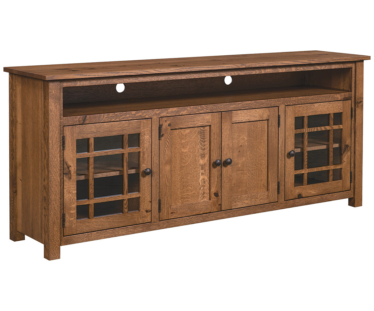 amish tv stand shown in brown maple