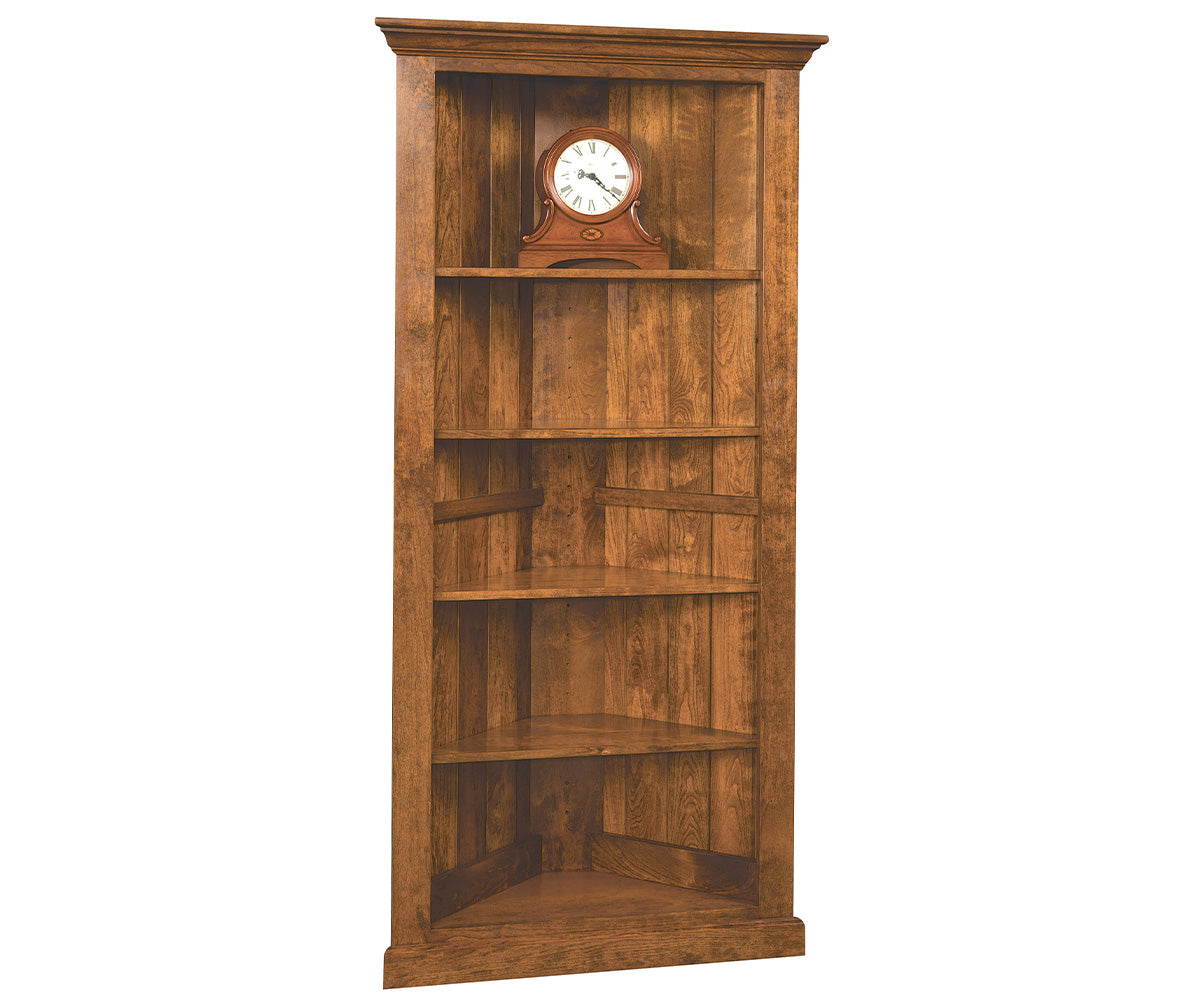 amish corner bookcase in brown maple