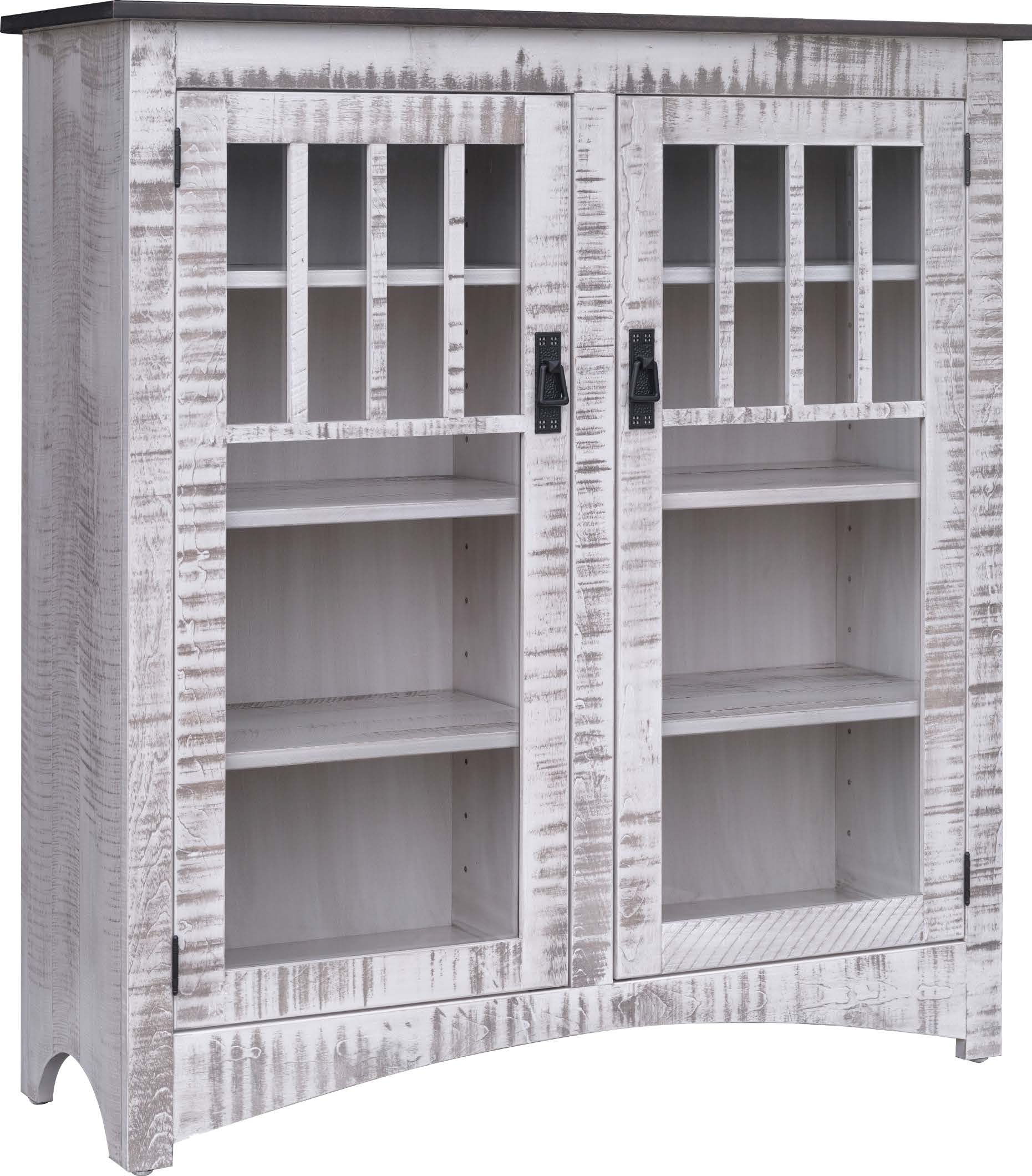 amish bookcase shown in rough sawn brown maple with ebony on top, body white with antique gray glaze