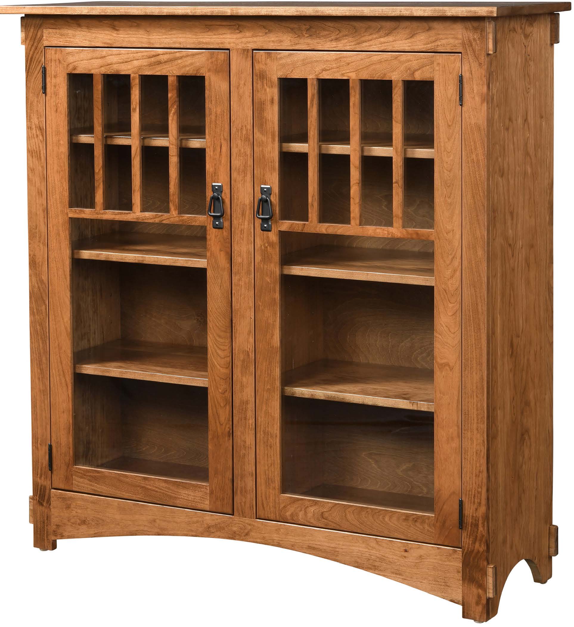 amish bookcase shown in sap cherry with almond stain