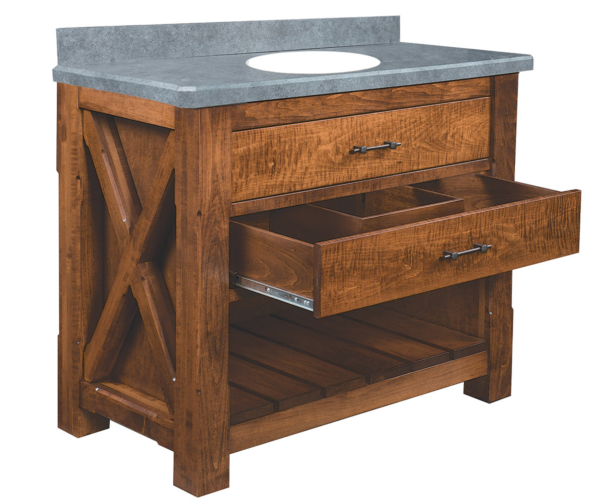 amish vanity shown in oak