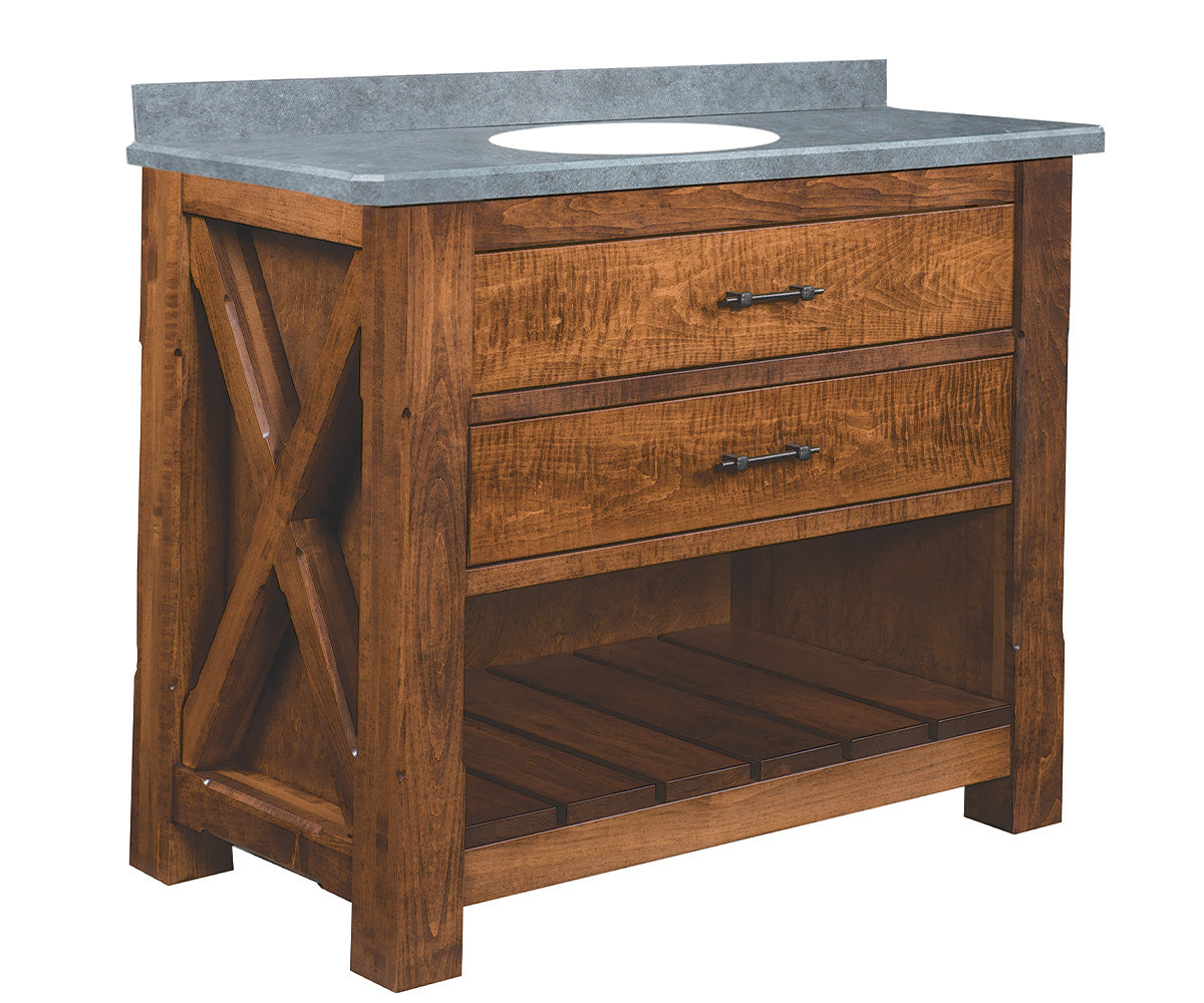 amish vanity shown in oak