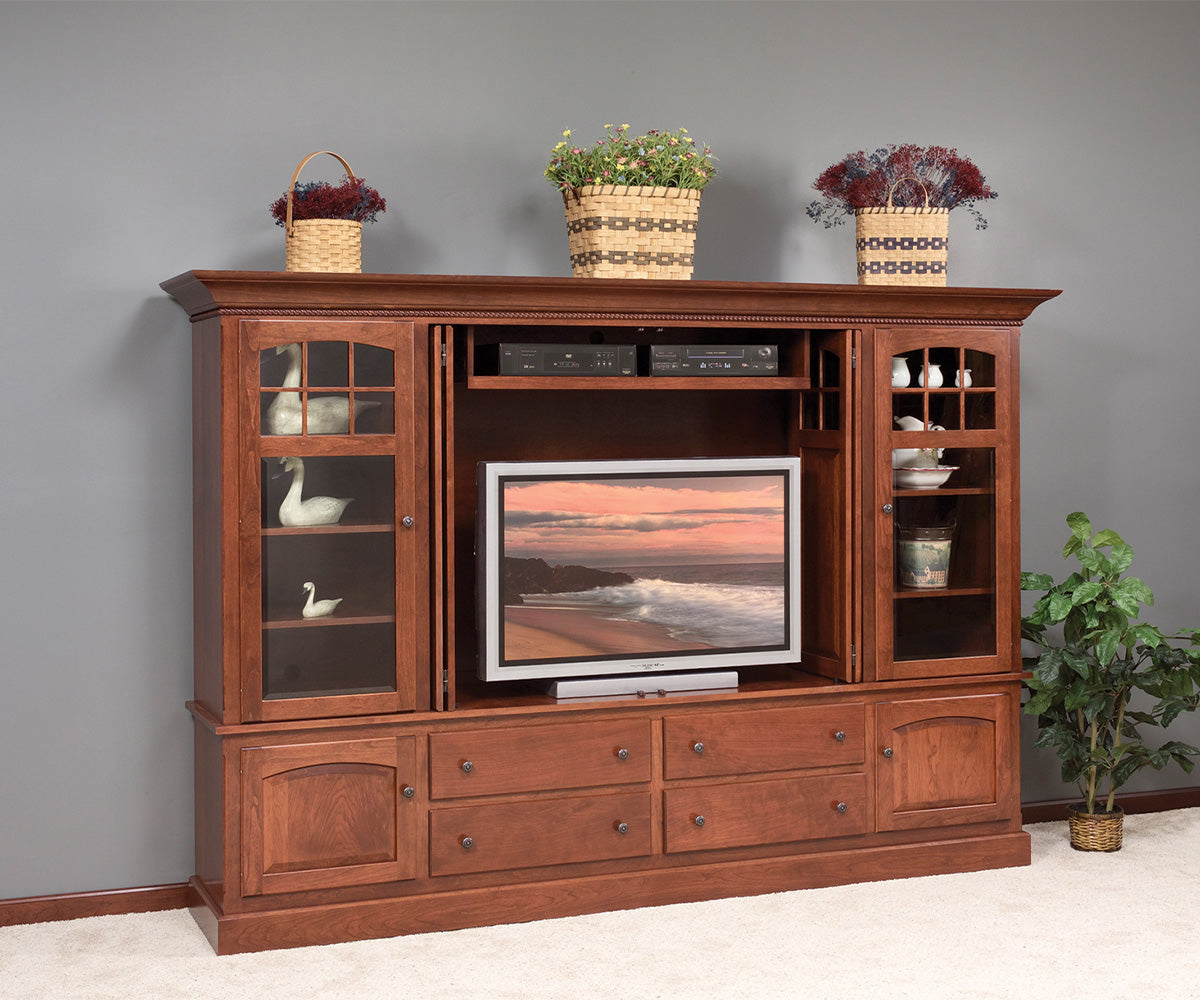 amish entertainment center shown in cherry