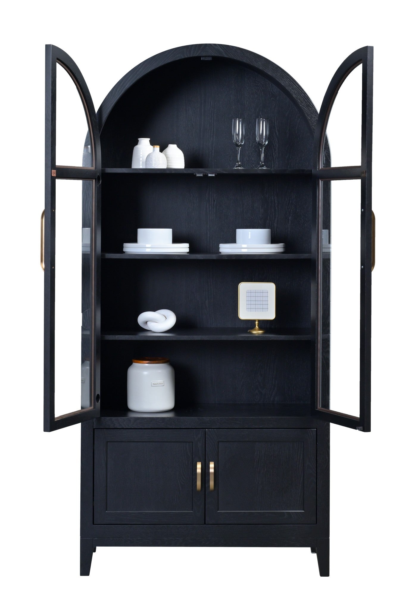 durham display cabinet with oak wood and ebony stain with doors open