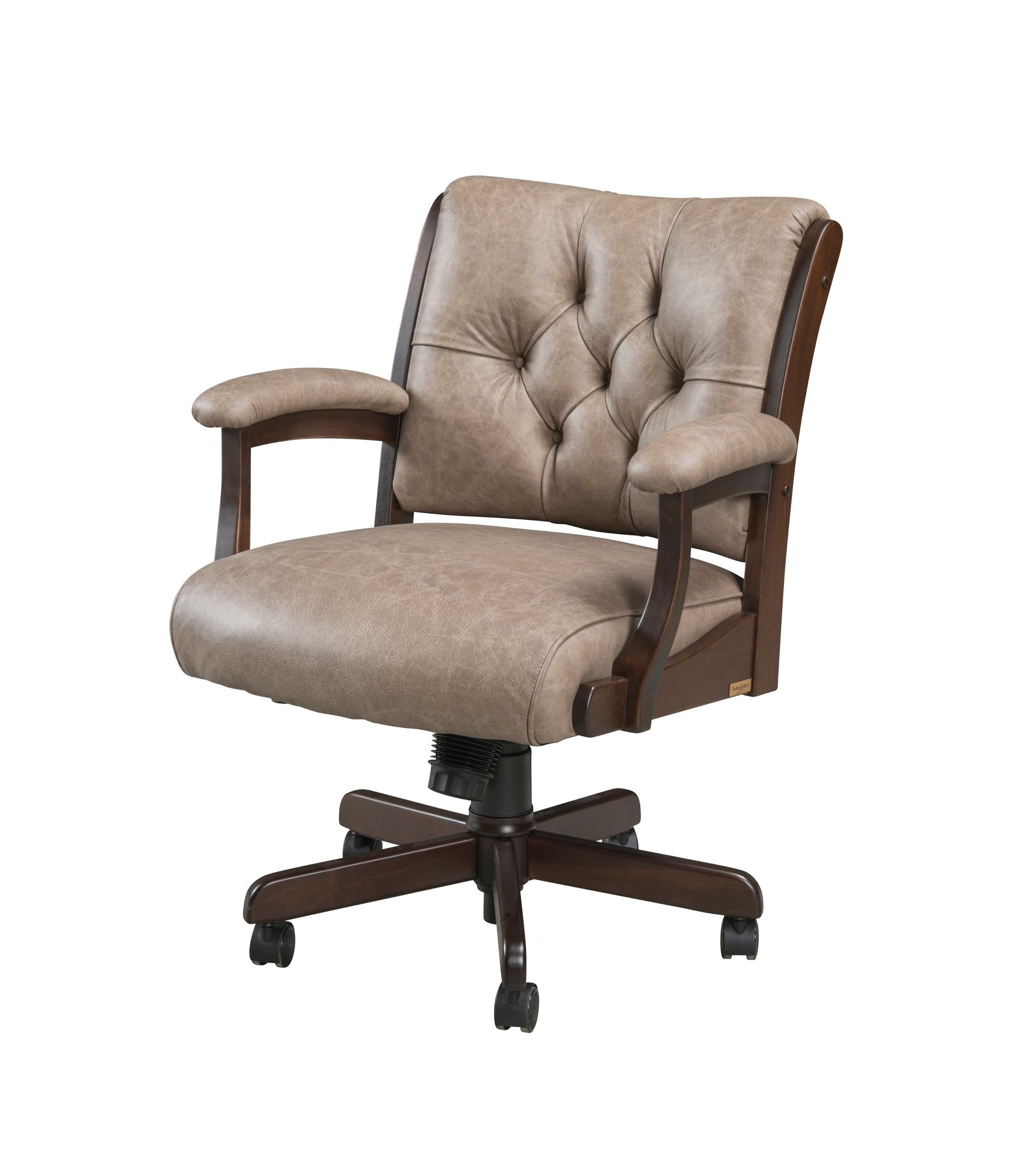 Amish Edelweiss Tufted Arm Desk Chair with Gas Lift-Desk Chair-Brown Maple-Buckeye Leather-The Amish House