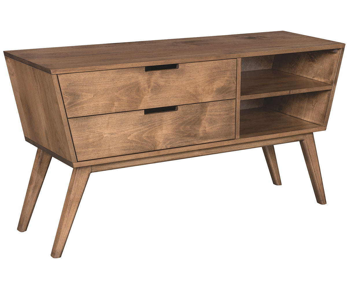 amish tv stand shown in brown maple