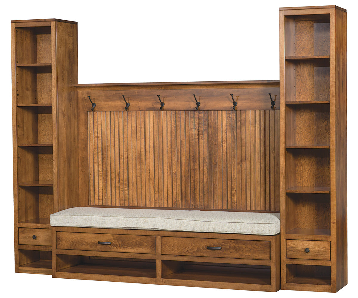 amish hall seat shown in oak