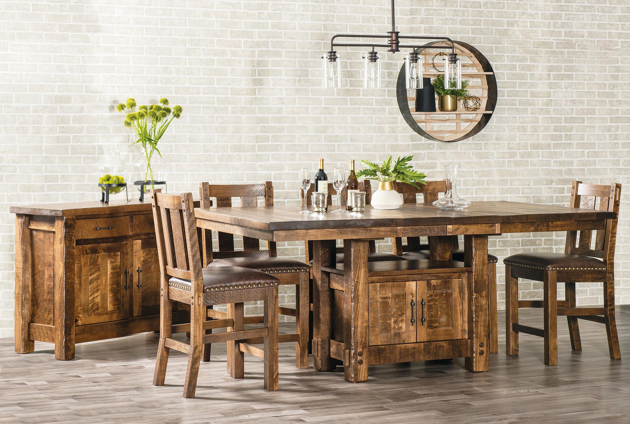 houston cabinet table shown in rough sawn brown maple and a almond stain with a 10 sheen finish