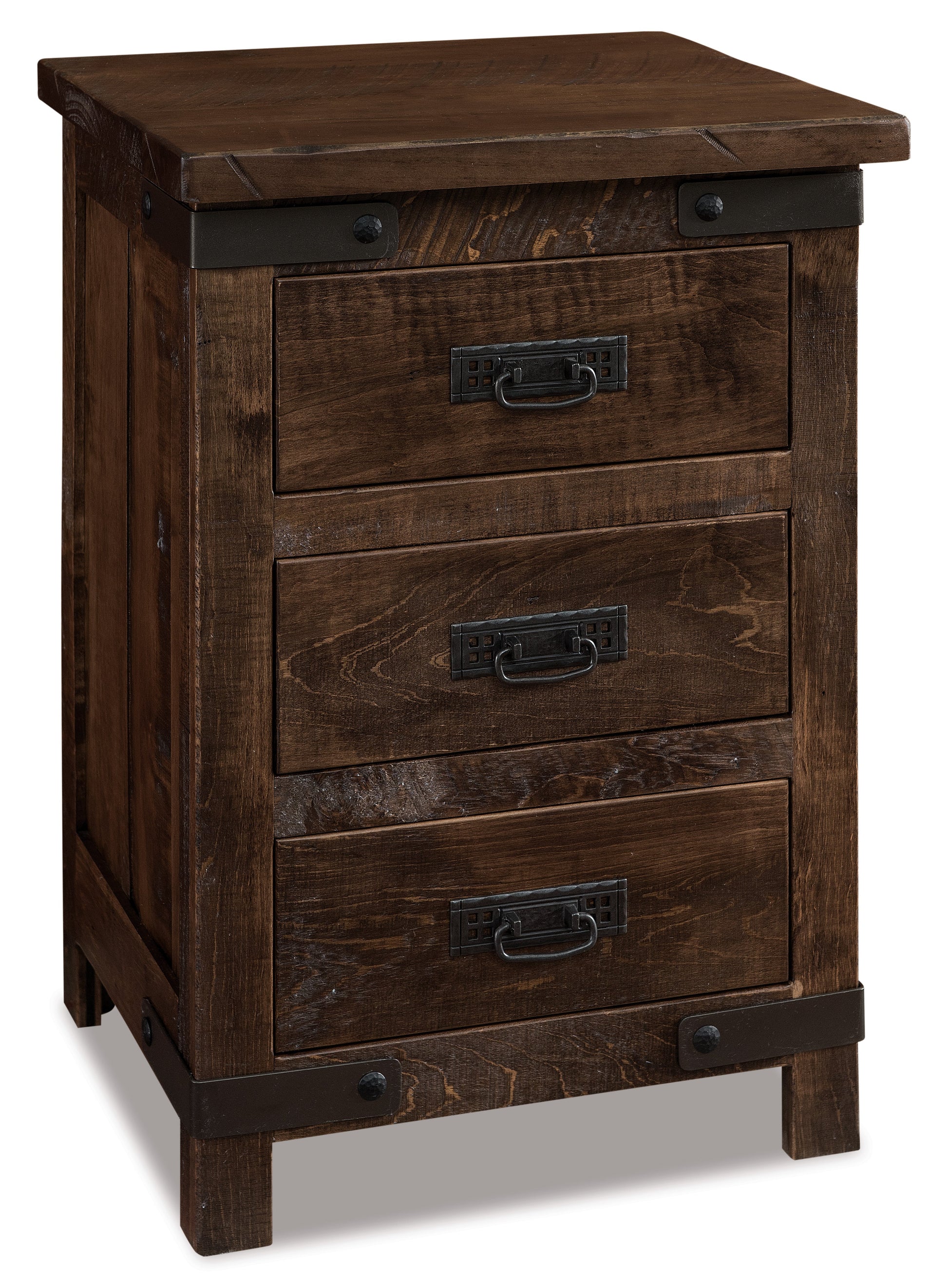 american made amish ironwood three drawer nightstand with metal accents