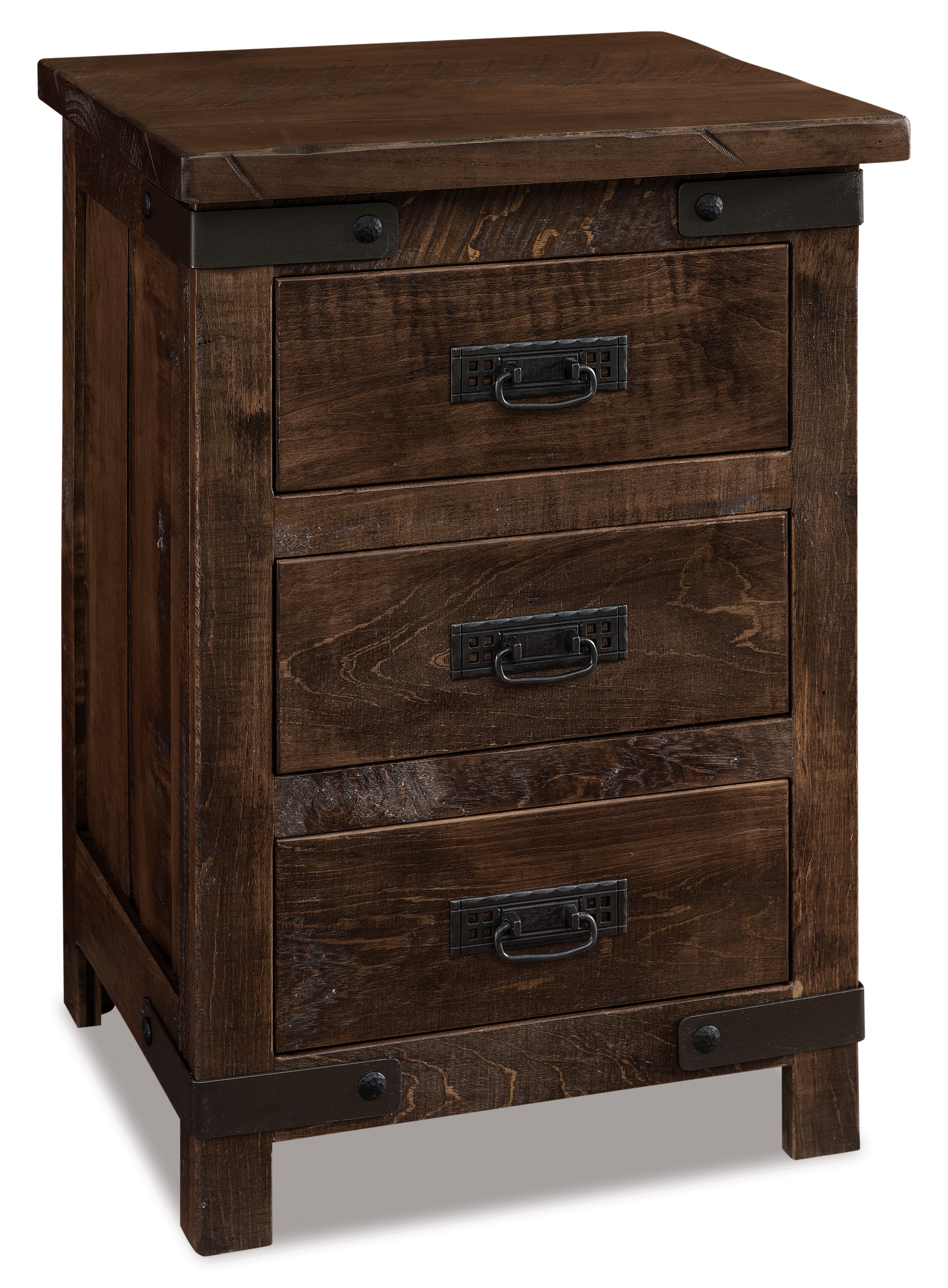american made amish ironwood three drawer nightstand with metal accents