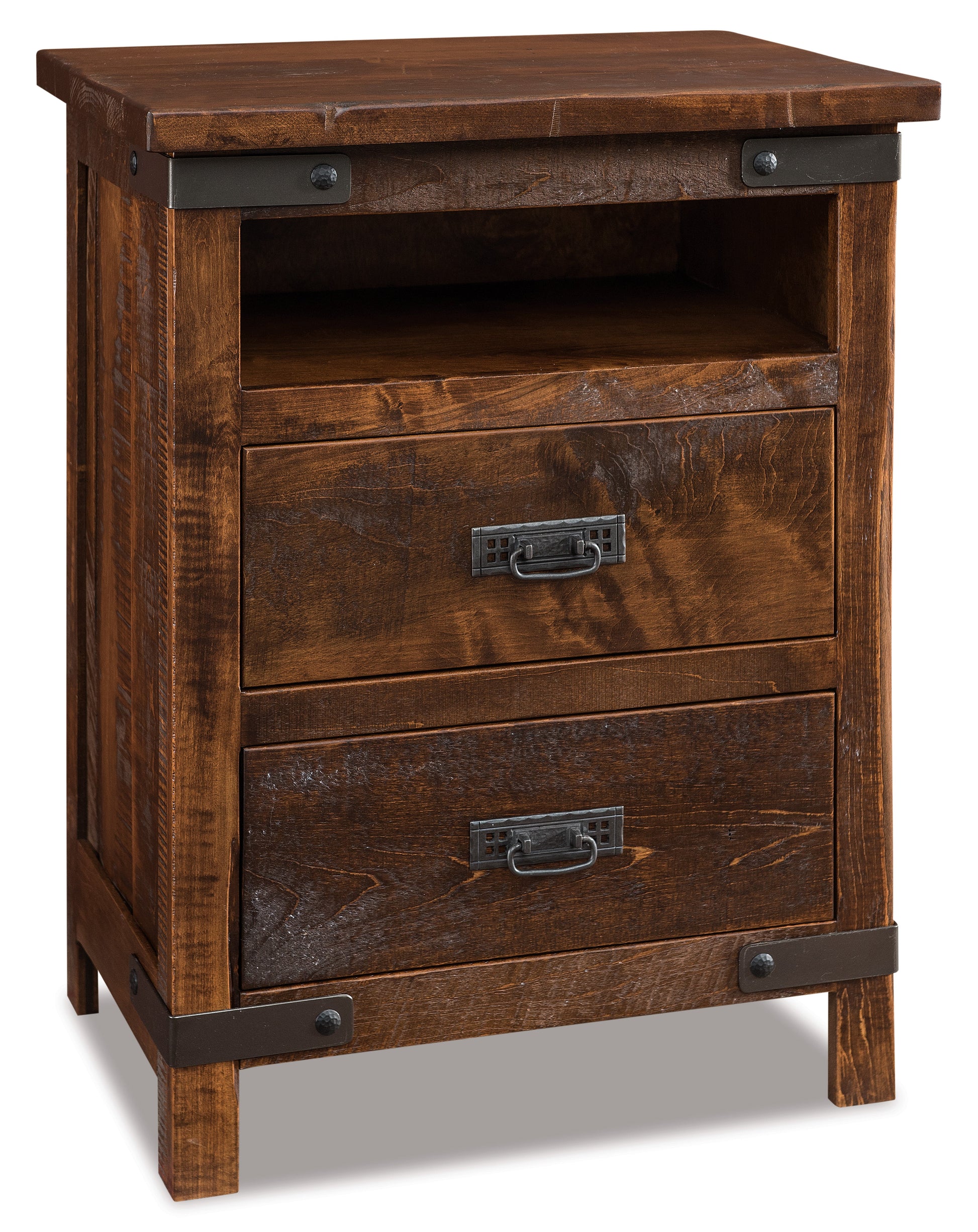 american made amish ironwood two drawer nightstand with metal accents