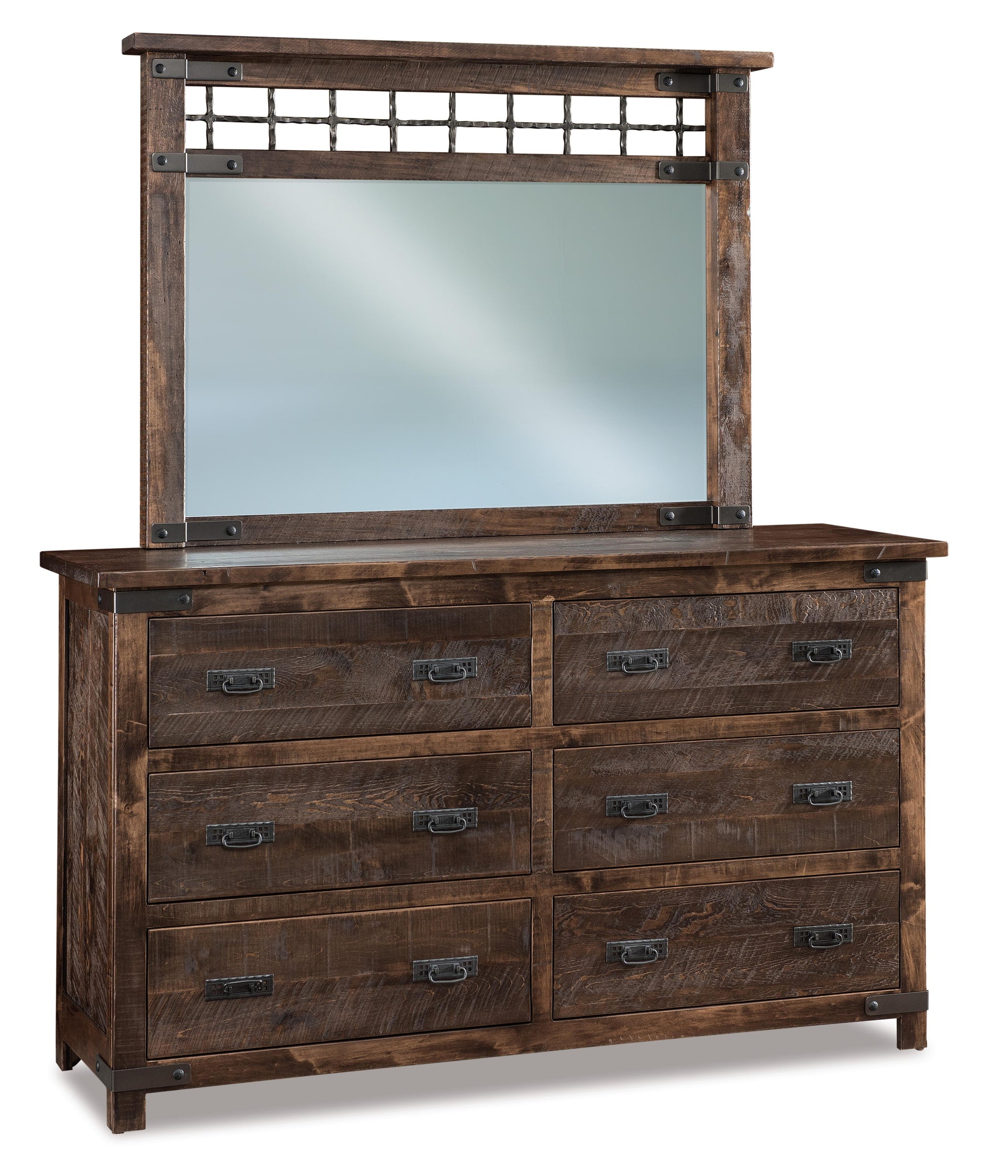 american made amish ironwood six drawer dresser with mirror and metal accents